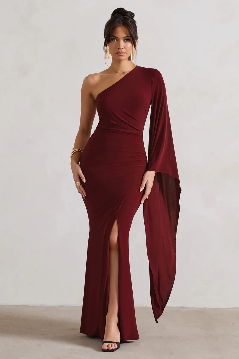 Giada | Berry Ruched Asymmetric Maxi Dress With Cape Sleeve | Club L London