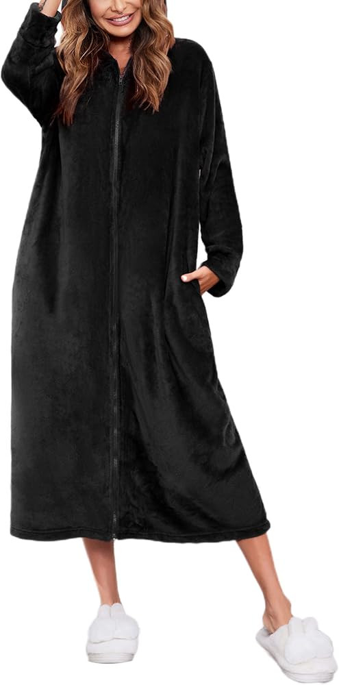 Ekouaer Fleece Robes for Women Hooded Plush Zipper Front Long Bathrobe Warm House Robe Sleepwear ... | Amazon (US)