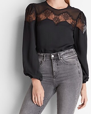 Lace Pieced Balloon Sleeve Top | Express