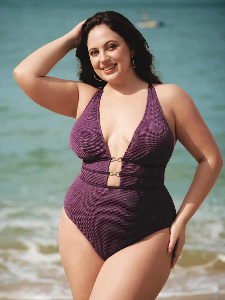 Purple Textured V Neck Plus Size One-Piece Swimsuit & Reviews - Purple - Sustainable Plus Size On... | BERLOOK