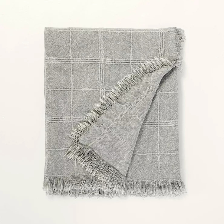 Raised Grid Stripes with Fringe Bed Throw Gray - Hearth & Hand™ with Magnolia | Target