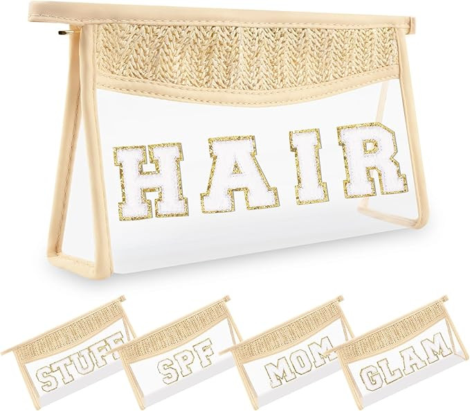 Amazon.com: Small Boho Straw Clear Hair Makeup Bags for Women&Girls, Zipper Cosmetic Bag Chenille... | Amazon (US)