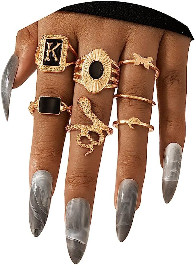 Gold Knuckle Rings Set for Women Teen Girls,Snake Chain Spider Mushroom Poker Yin Yang Rings Cool... | Amazon (US)