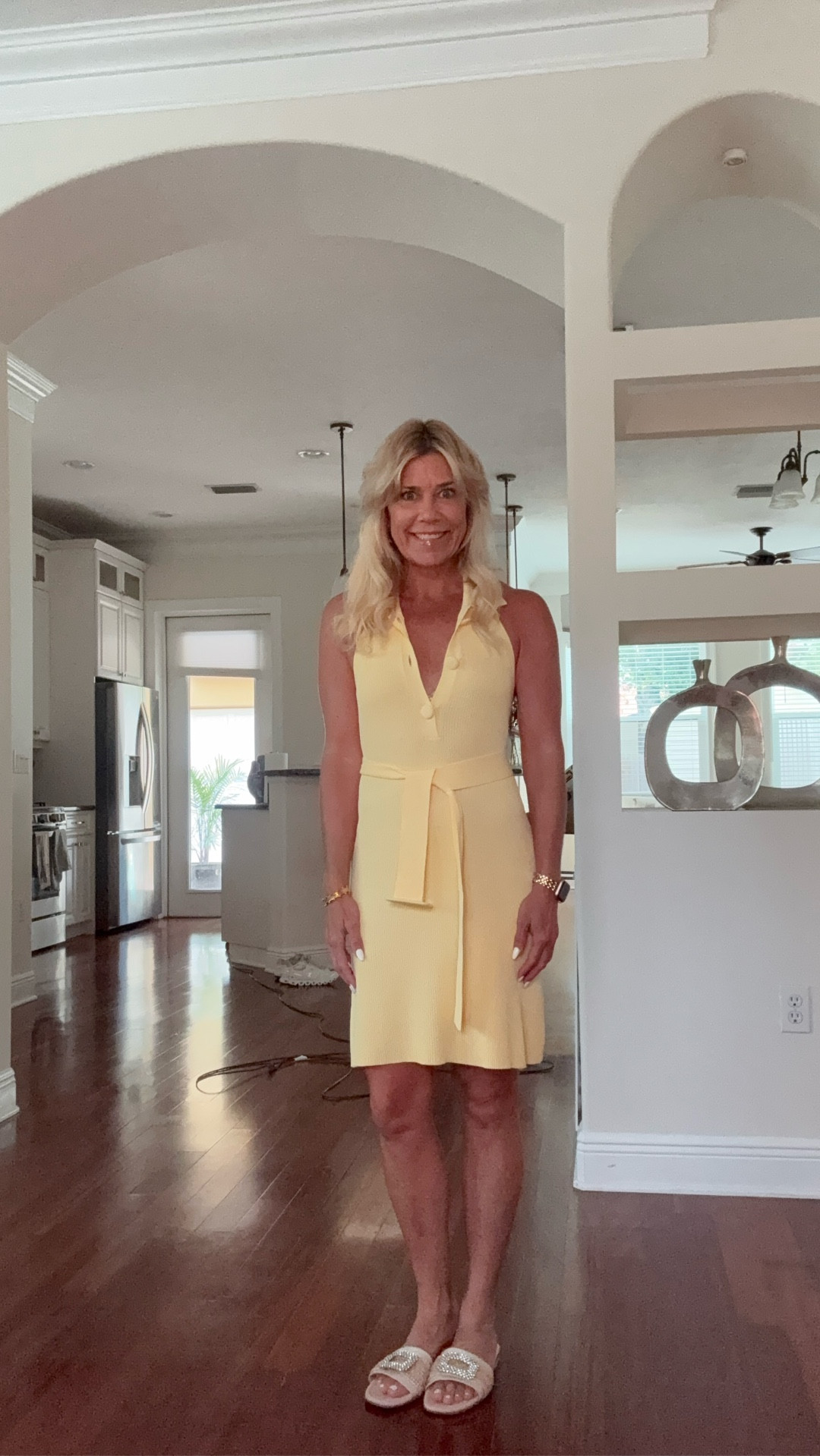This is summer’s IT color in a lightweight butter yellow knot polo dress. Comes in petite sizes and regular. I am wearing XS petite and am 5’4”. 

#LTKSeasonal #LTKOver40 #LTKPetite
