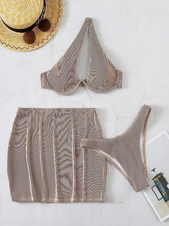 SheIn Women's 3 pcs Textured One Shoulder Push Up Underwired Bikini Set with Beach Skirt | Amazon (US)