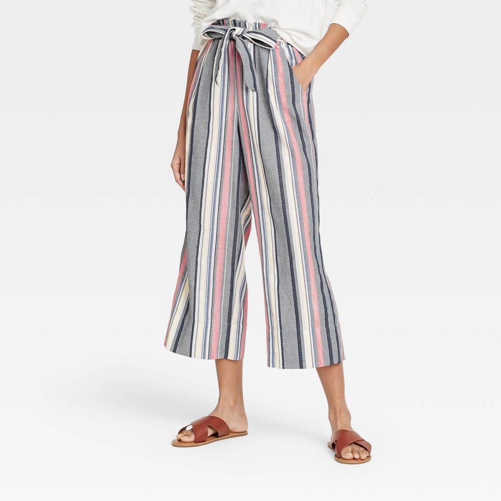 Women's Striped Mid-Rise Linen Cropped Wide Leg Pants - Knox Rose M, MultiColored | Target
