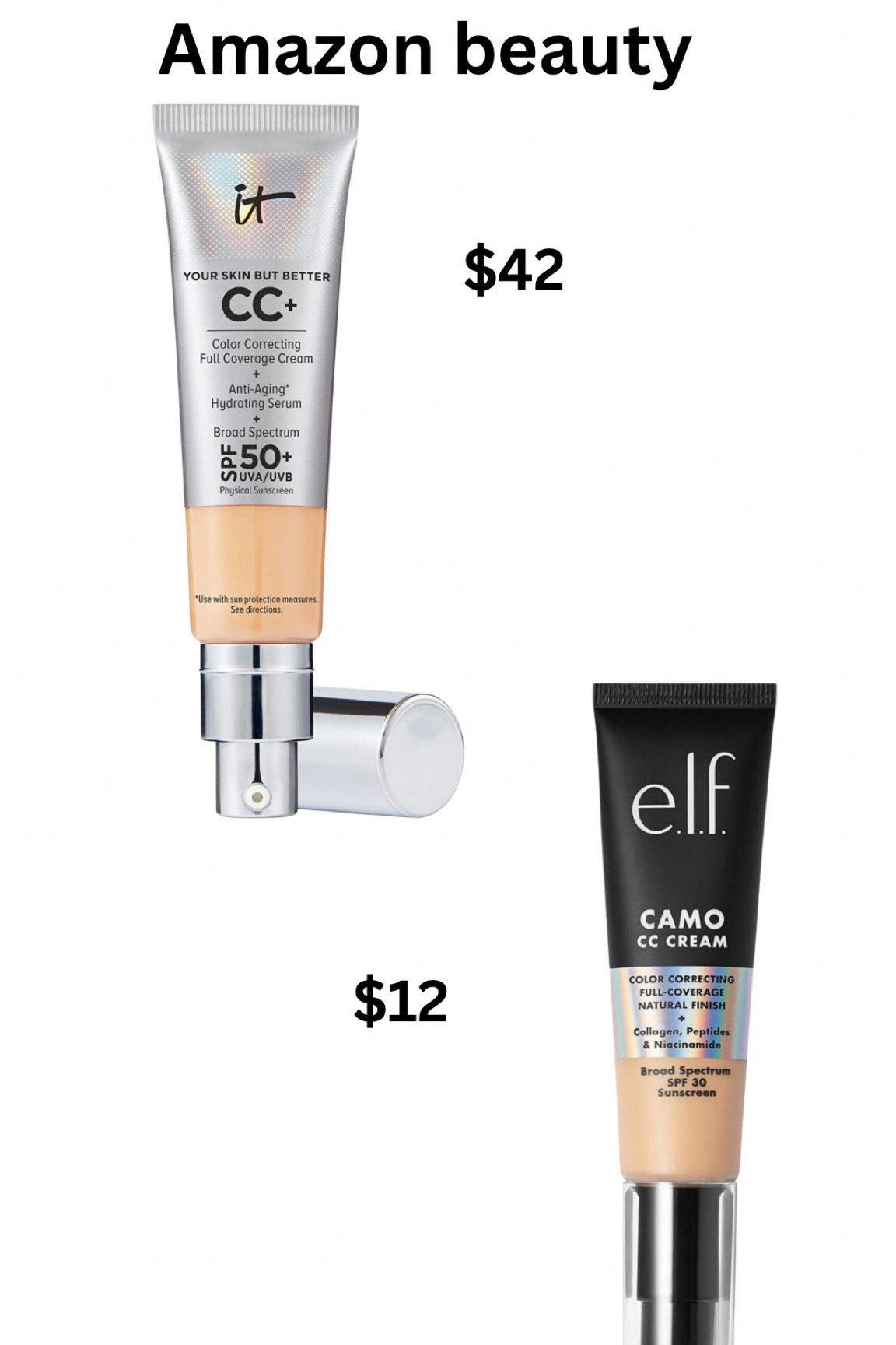 Amazon beauty/makeup dupe 
It cosmetics cc cream vs elf cc cream 
They are basically the same product but you’re saving so much money! This is the perfect product for summer! 

#LTKBeautySale #LTKbeauty #LTKFind