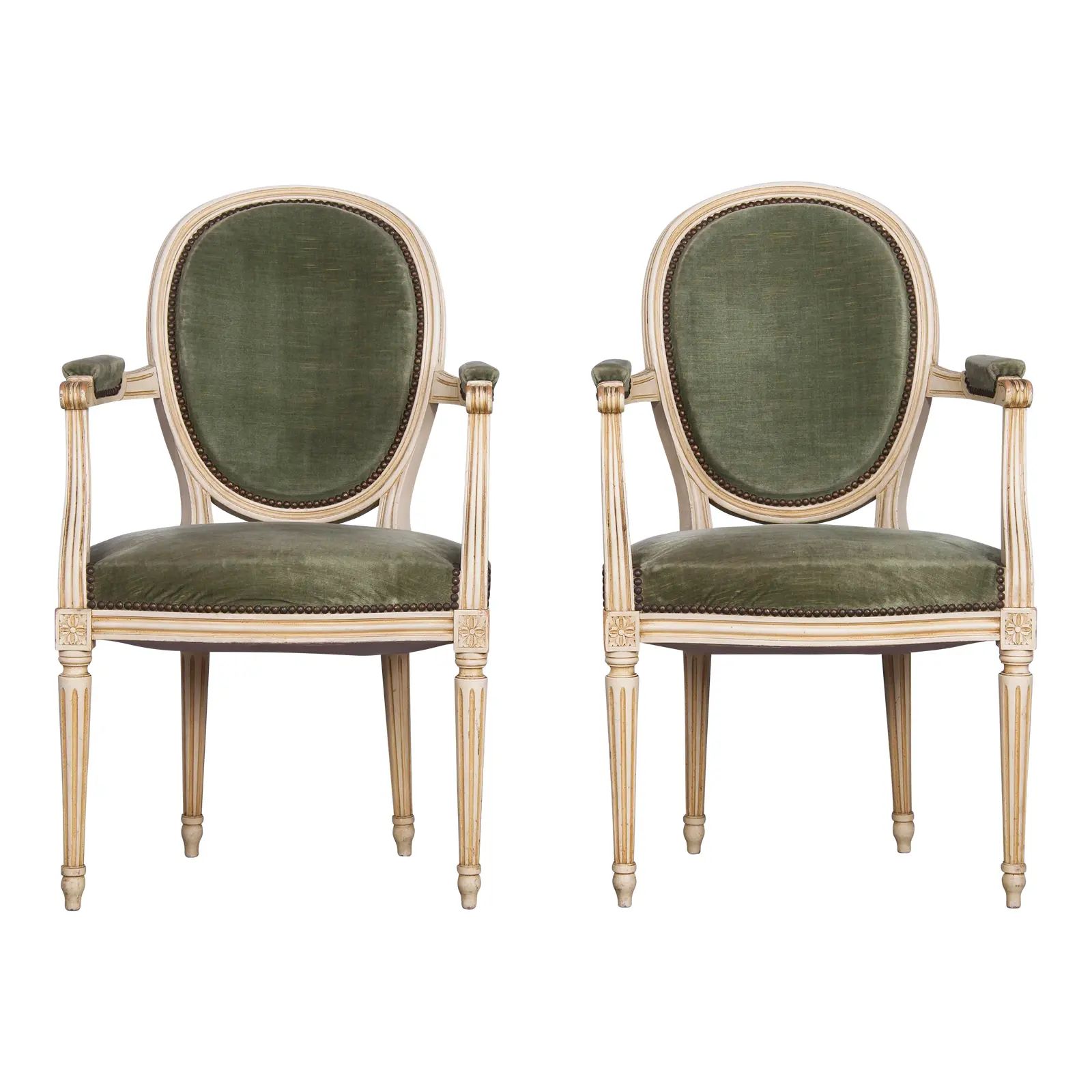 Antique French Louis XVI Style Painted Armchairs W/ Green Velvet - a Pair | Chairish