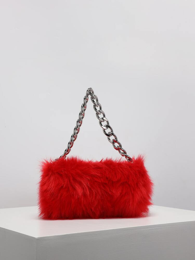 Minimalist Chain Fuzzy Baguette Bag | SHEIN