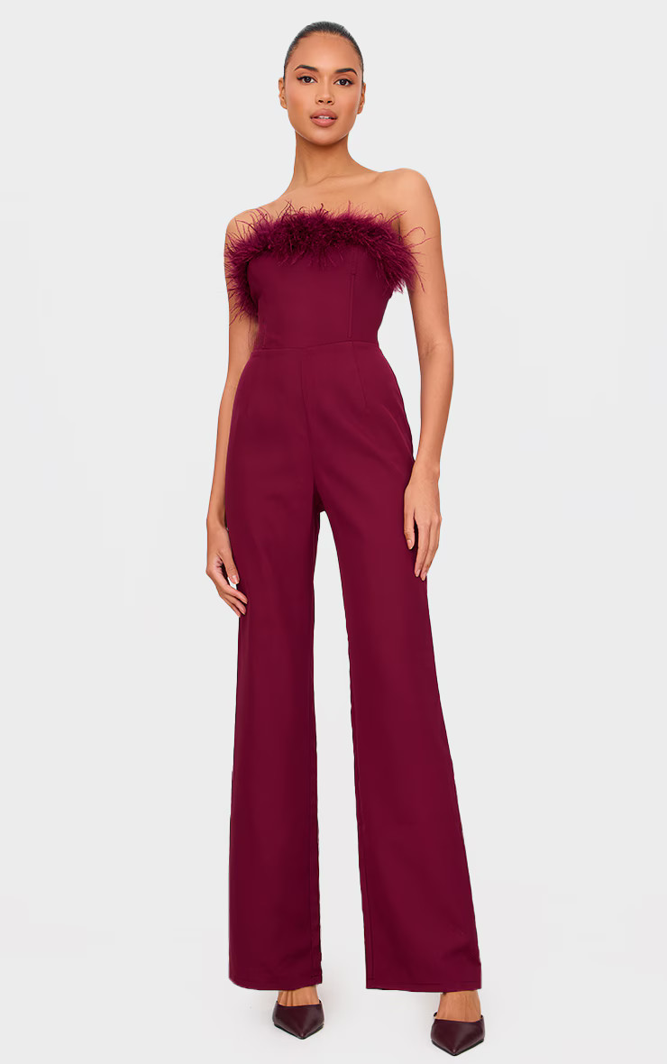 Burgundy Faux Fur Bandeau Straight Leg Jumpsuit | PrettyLittleThing UK