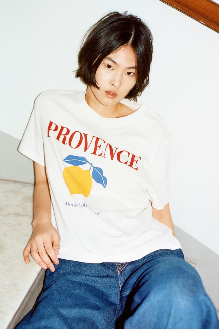 Cotton T-shirt - Cream/Provence - Ladies | H&M US | H&M (US + CA)
