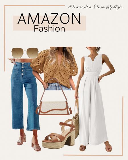 Amazon spring outfits! Cute wide leg button fly jeans, eye lit spring blouse and top, white jumpsuit, brown chunky heels, straw handbag, and beige sunglasses! Amazon fashion! Amazon trends! Spring work outfits! Spring business casual! Travel outfits! Summer outfit! Spring outfit! 

#LTKmidsize #LTKover40 #LTKfindsunder100