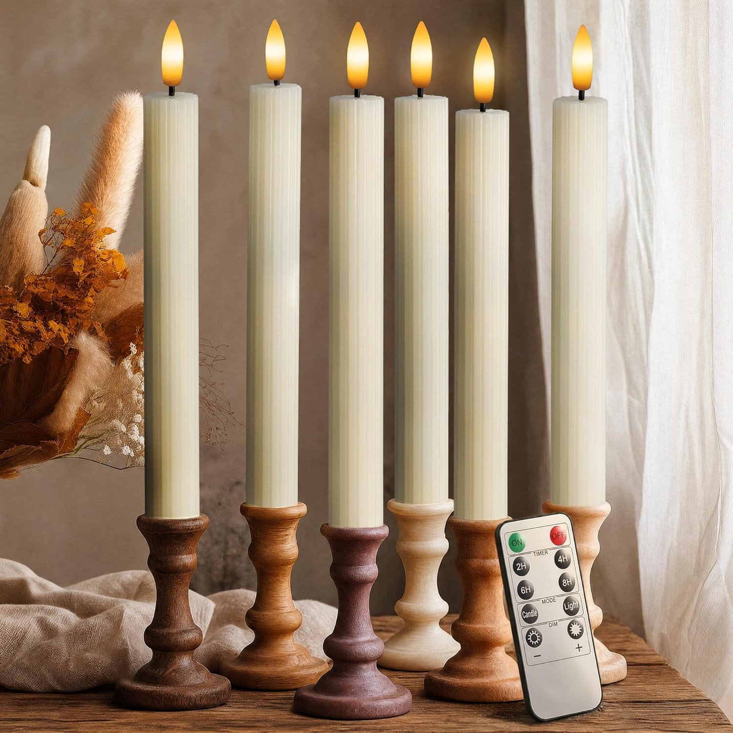 6 Pack, 10" LED Flameless Real Wax Ivory Fluted Ribbed Grooved Taper Candles, Remote & 24h Timer Memory, On/Off Button, Dimmable, Flicker Mode, Battery Operated, Wedding | Amazon (US)