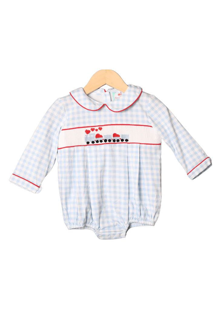 Smocked Love Train Blue Gingham Bubble | The Smocked Flamingo