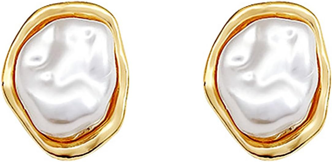 Baroque Pearl Stud Earrings For Women 14k Gold Plated Irregular Pearl Earrings Chunky Big Pearl E... | Amazon (US)