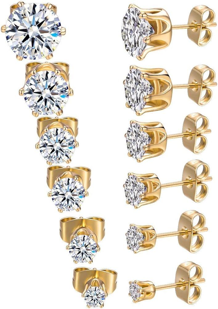Amazon.com: GEMSME 18K Yellow Gold Plated Round Cubic Zirconia Stud Earrings Pack of 6: Clothing,... | Amazon (US)