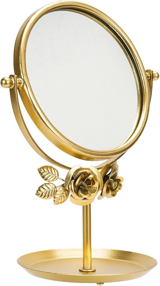 SOFFEE DESIGN Vintage Round Gold Makeup Mirror Iron 3D Flower Decor Rotatable with Jewelry Tray, ... | Amazon (US)
