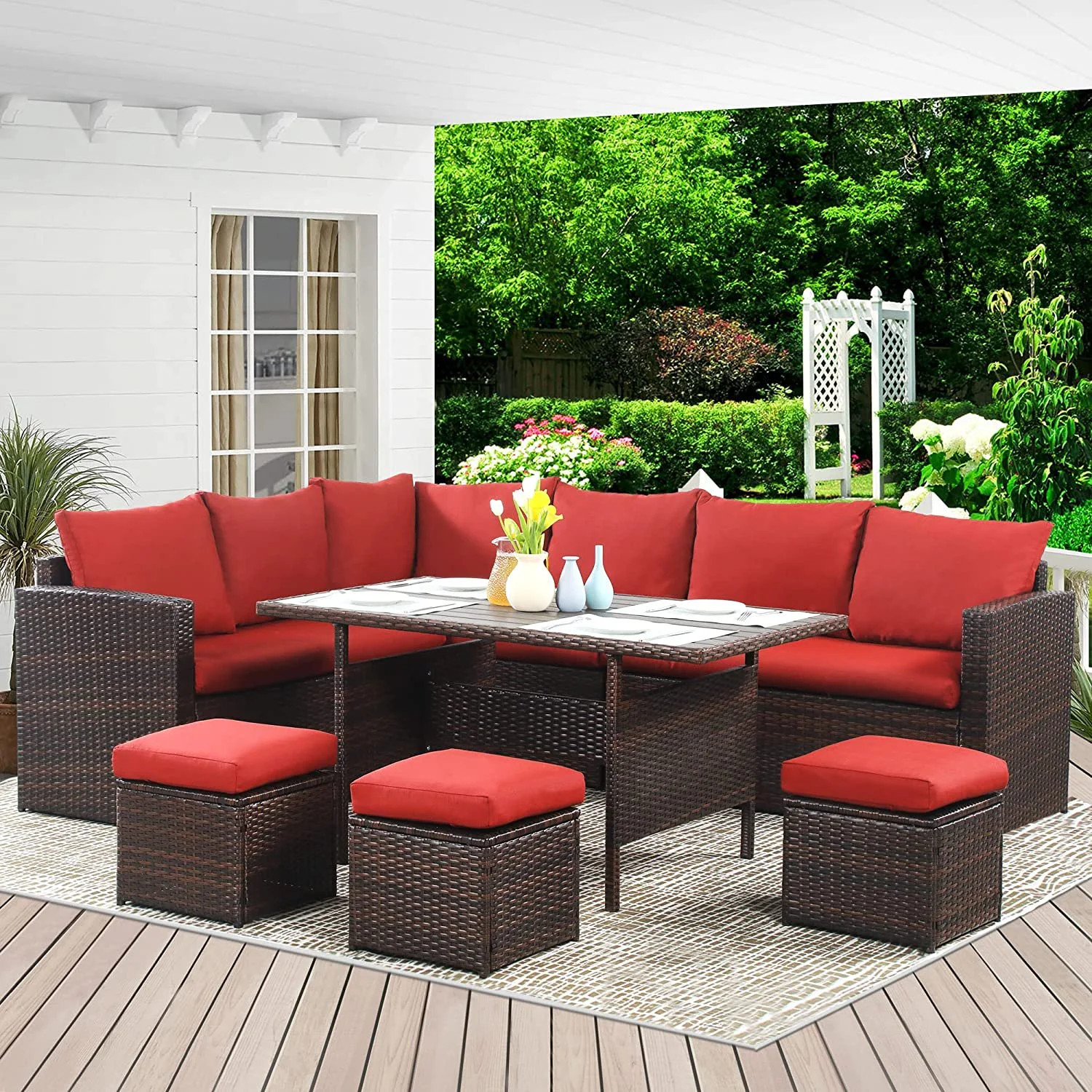 Superjoe 7 Pcs Outdoor Dining Sectional Sofa Couch All Weather Wicker Conversation Set with Table... | Walmart (US)