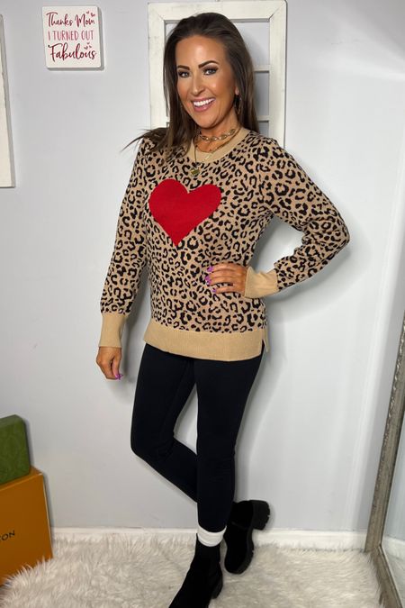 Cute Valentine’s Day sweater, leopard heart sweater, black leggings, chelsea boots, Valentine’s Day outfits, white slouch socks, square hoop earrings, winter outfits, Walmart fashion finds, Walmart must haves 

#LTKfindsunder50 #LTKstyletip #LTKSeasonal