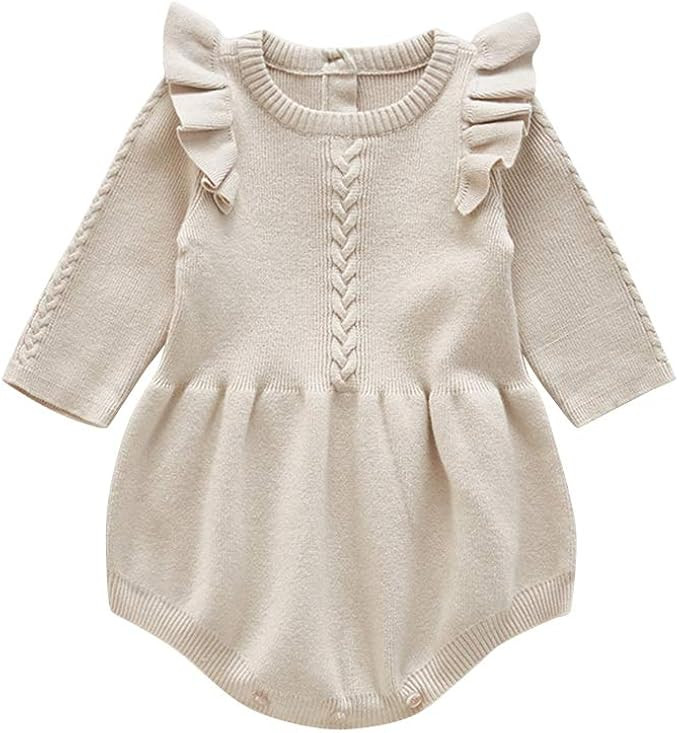 Newborn Baby Girls Sweater Romper Knit Fall Outfit Ruffles Long Sleeve Knitted Bodysuit Winter Cl... | Amazon (US)