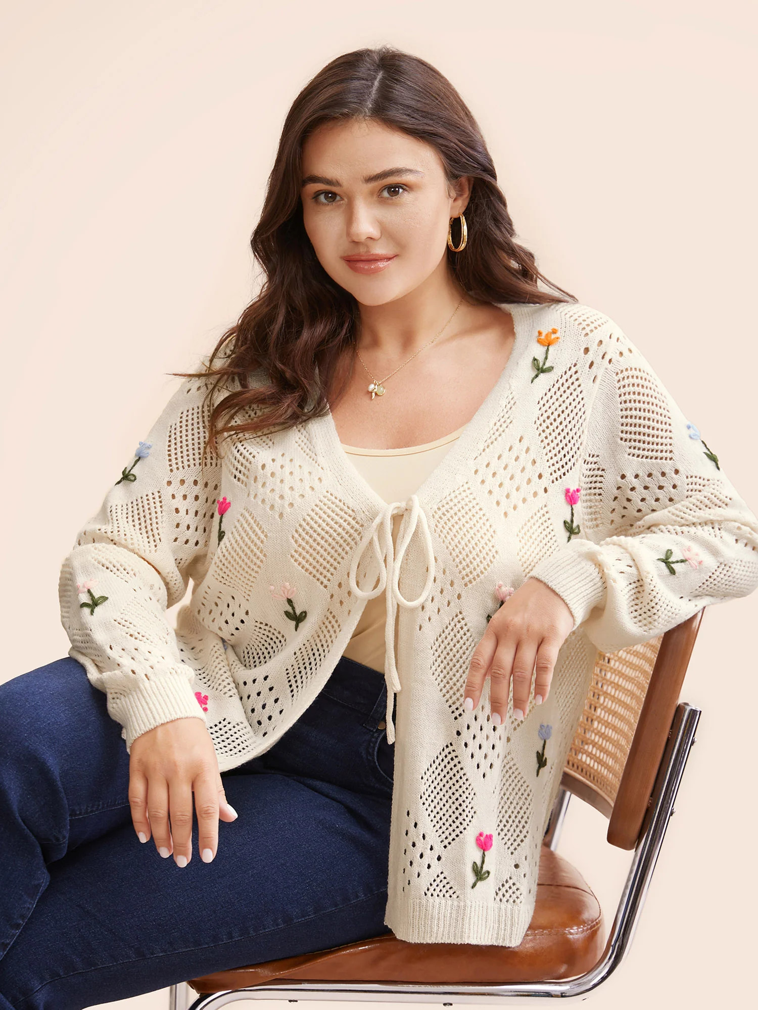 Floral Embroidered Cut Out Tie Knot Cardigan | Bloomchic