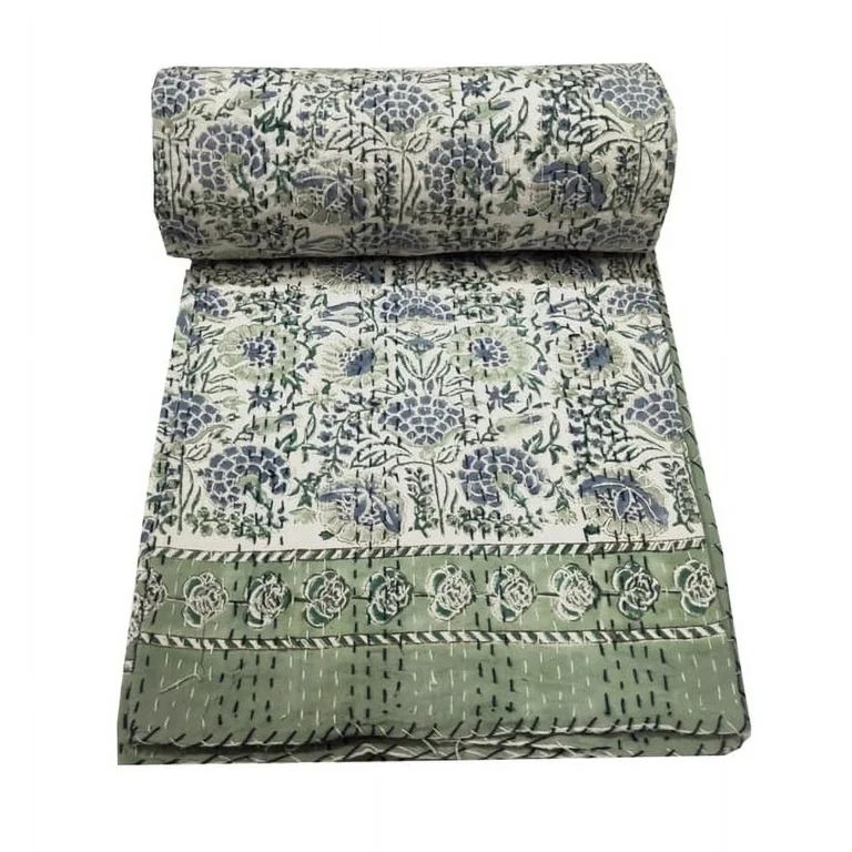 Queen Kantha Quilt Hand Block Print Quilt Indian Blanket Cotton Kantha Bedspread Floral Print Qui... | Walmart (US)