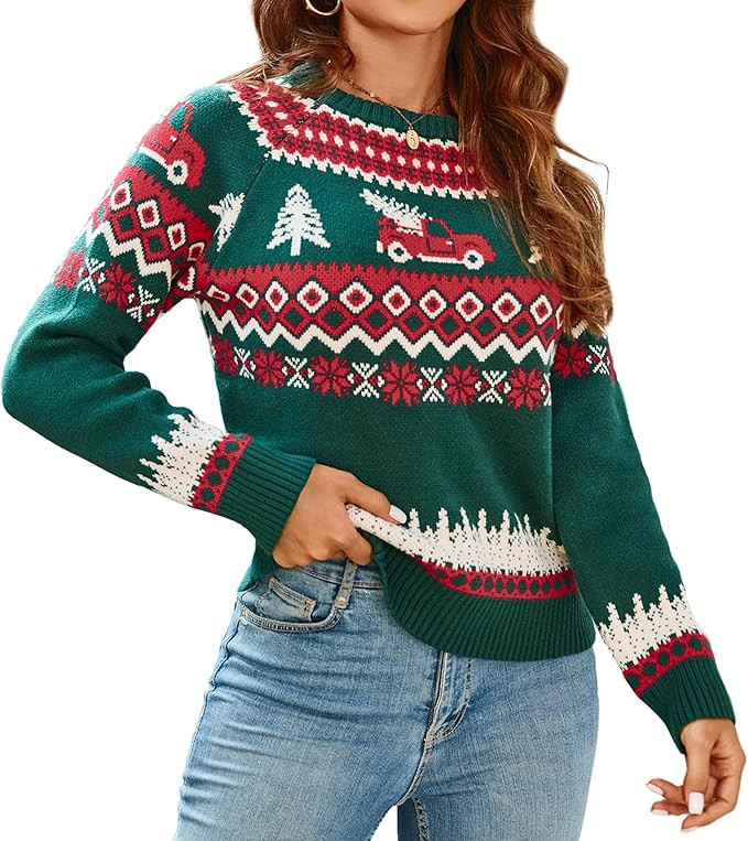 ZAFUL Women's Christmas Cedar Snowflake Trucks Patterns Knitted Sweater Long Sleeve Floral Printe... | Amazon (US)