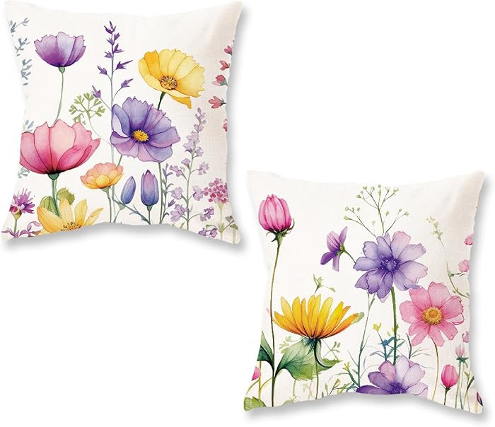 ONWAY Spring Summer Pillow Covers 18x18 Inch Set of 2 Floral Colorful Flowers Decorations Farmhou... | Amazon (US)