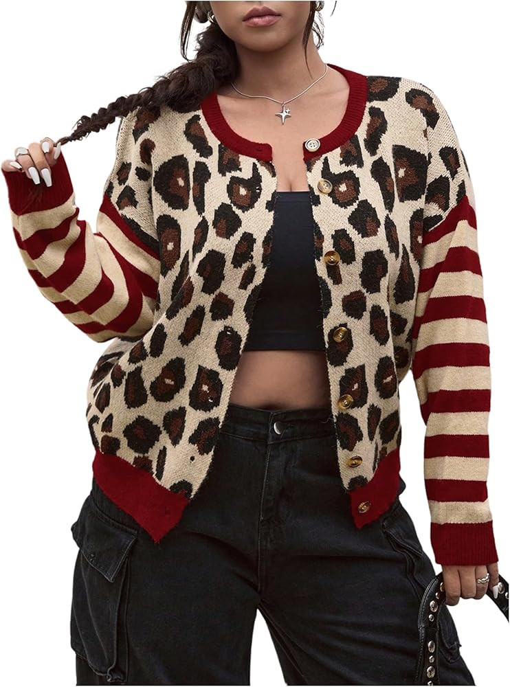 SOLY HUX Women's Plus Size Leopard Cardigan Cheetah Print Striped Button Down Long Sleeve Knit Sw... | Amazon (US)