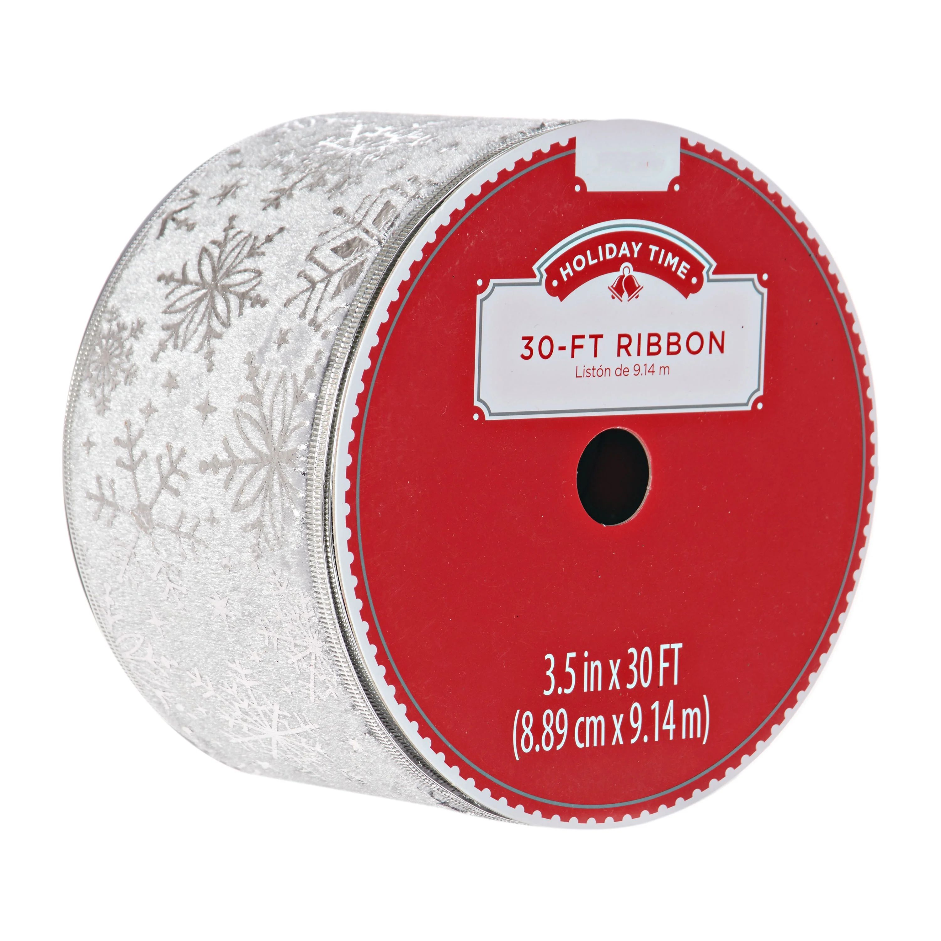 Holiday Time Ribbon, Silver Velvet with Silver Foil Snowflakes, 3.5" x 30' | Walmart (US)