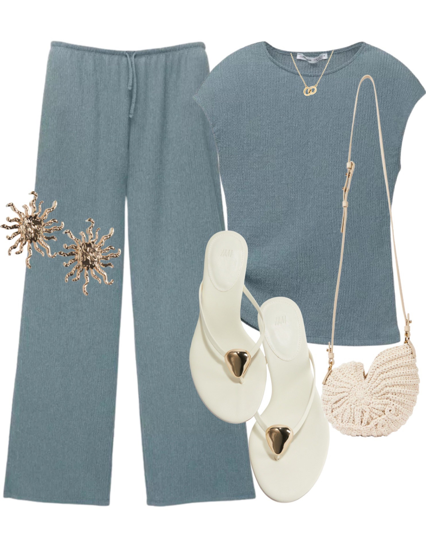 Spring summer casual co ord set- crepe drawstring trousers and matching top, crochet seashell crossbody bag, heeled sandals, sunburst earrings and gold earrings. Wide leg pants, summer outfit, holiday look, vacation outfit. 

#LTKeurope #LTKsummer #LTKcurves