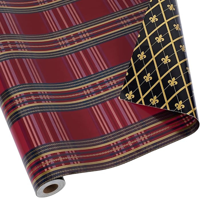 LaRibbons Reversible Christmas Wrapping Paper Mini Roll, Red Plaid and Black Base with Gold Fleur... | Amazon (US)