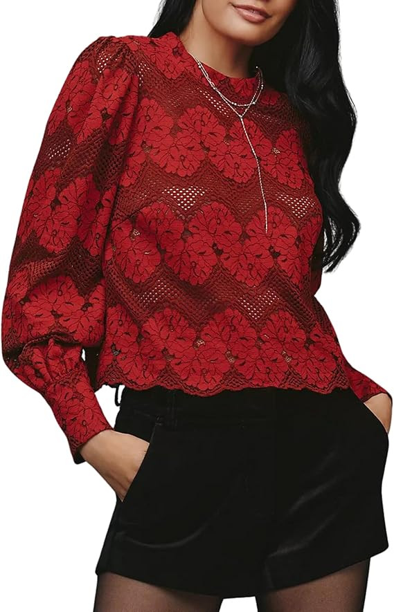 Womens Lace Mock Neck Blouse Long Sleeve Floral Crochet Top Vintage Elegant Pullover Shirt | Amazon (US)
