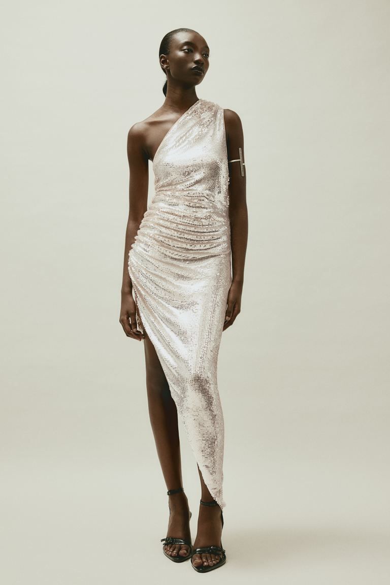 Sequined One-shoulder Dress - Light beige - Ladies | H&M US | H&M (US + CA)