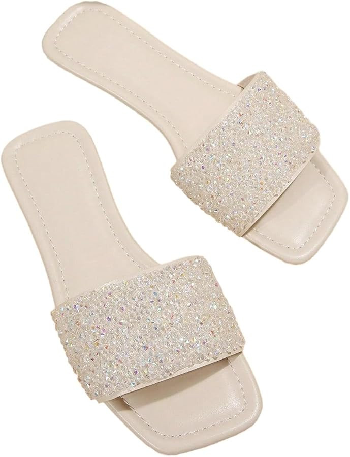 GORGLITTER Women's Sparkly Jeweled Flat Sandals Dressy Open Toe Glitter Shiny Slippers Slip-on Sh... | Amazon (US)
