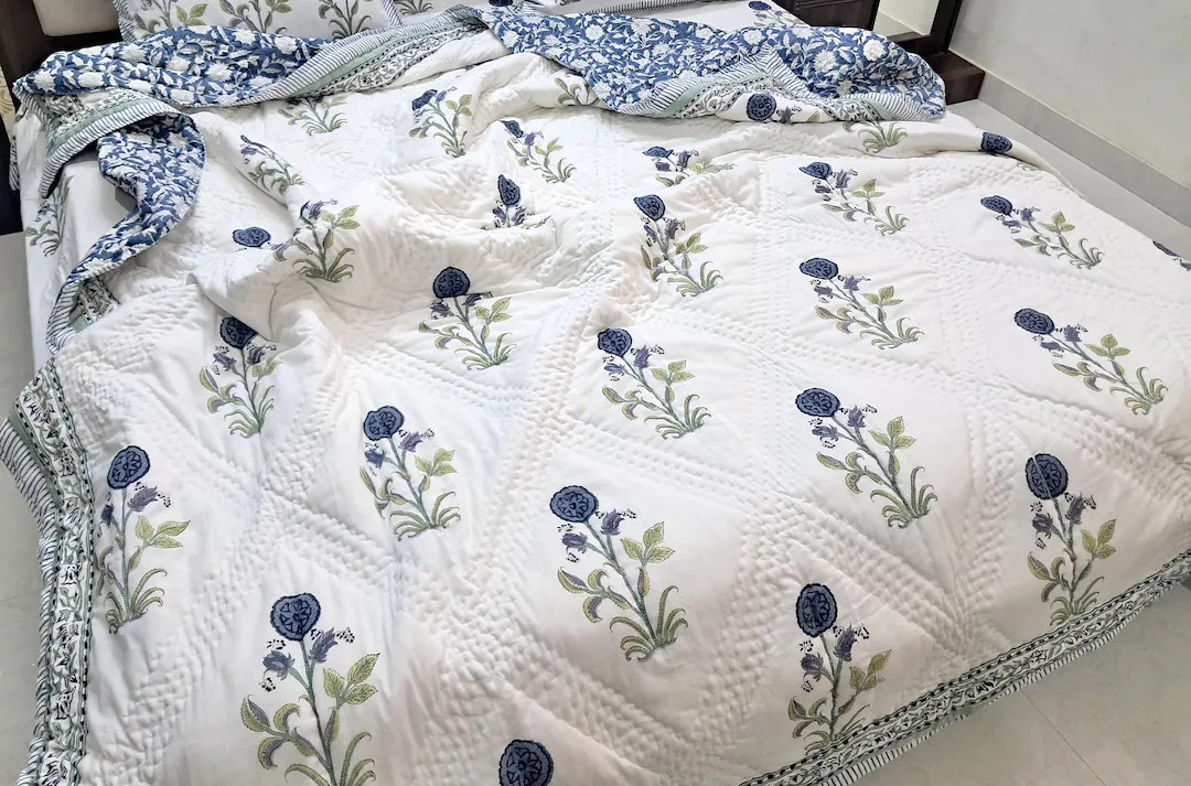 Cottagecore Blue and White Hand Block Printed Quilt Blue King Comforter Bedding, Queen Boho Bedsp... | Etsy (US)