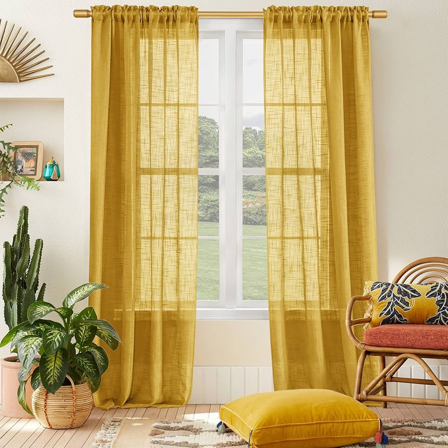 SHINELAND Mustard Yellow Window Curtain Panels for Living Room 84 Inch Length Set of 2 Long Semi ... | Amazon (US)