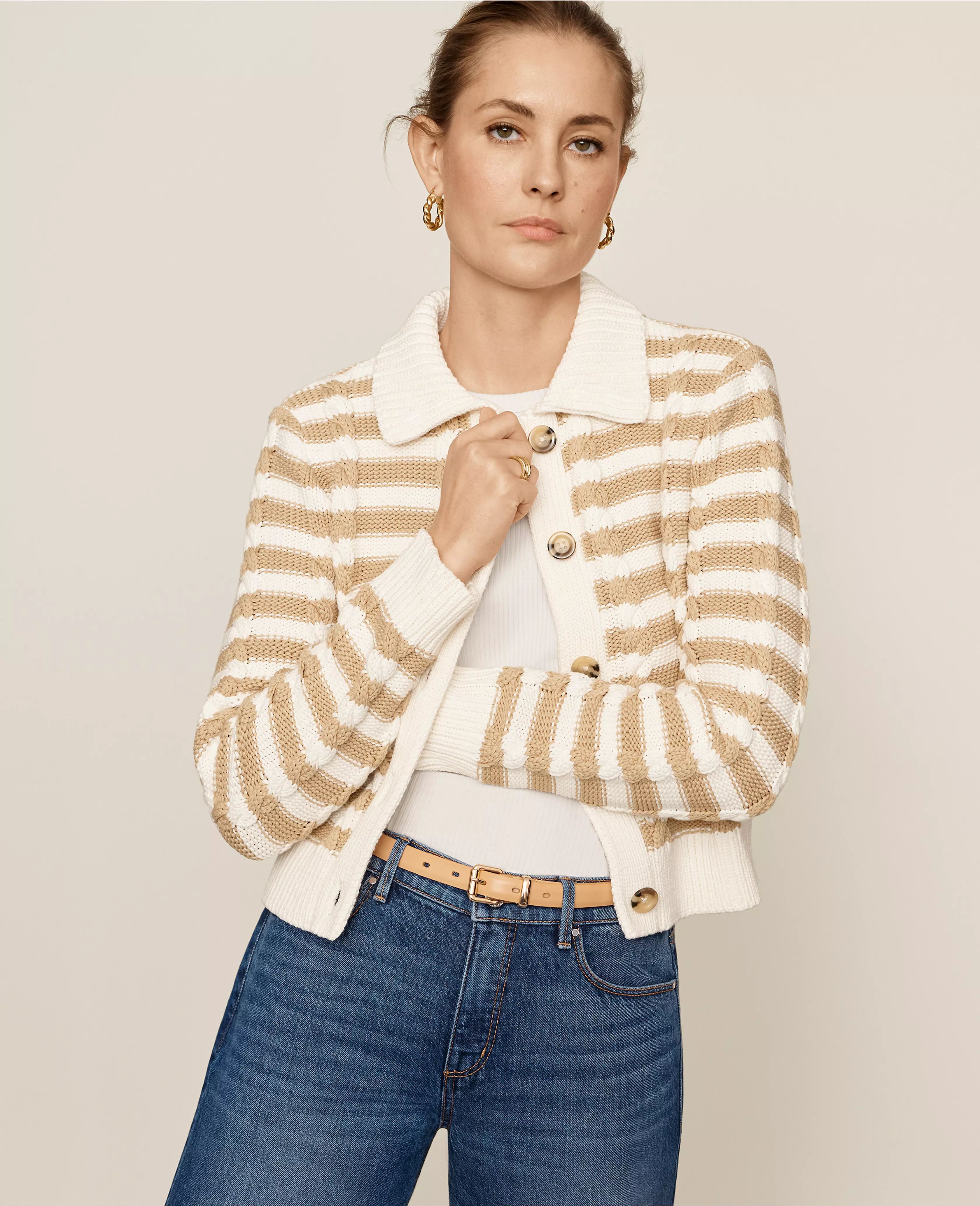 AT Weekend Striped Cable Sweater Jacket | Ann Taylor (US)