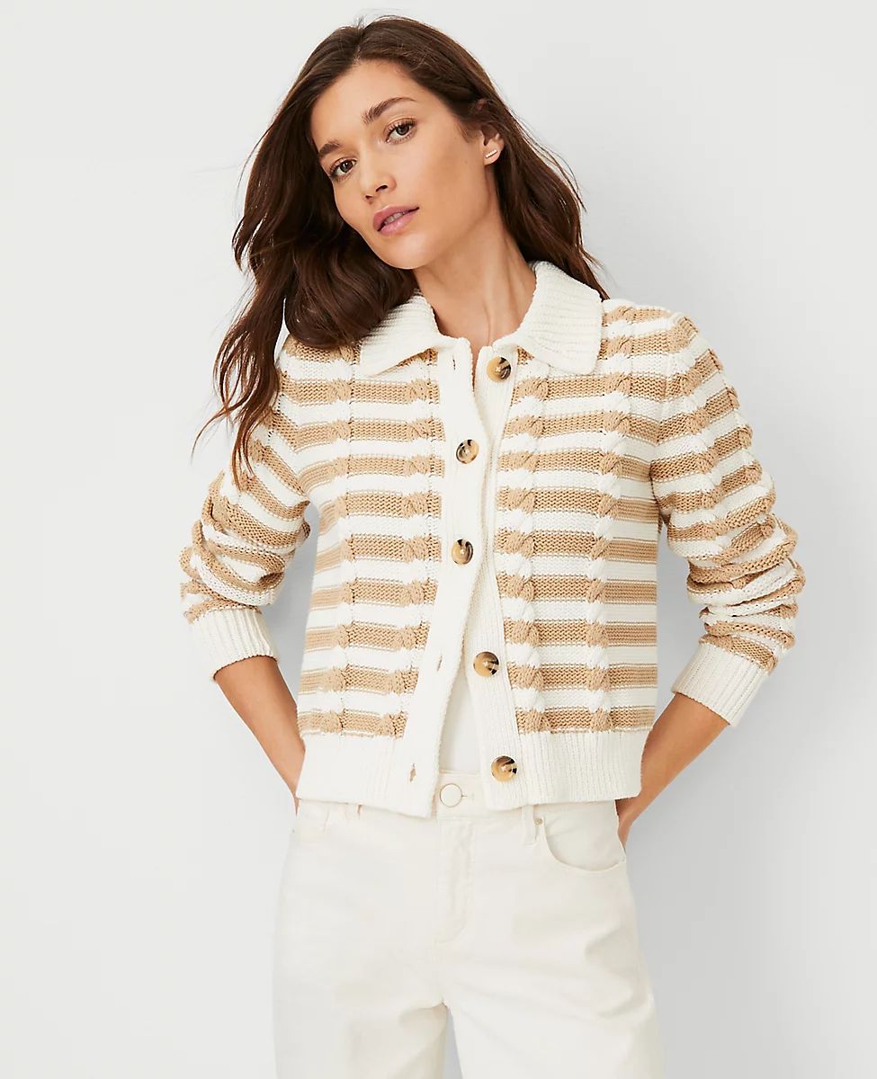 AT Weekend Striped Cable Sweater Jacket | Ann Taylor (US)