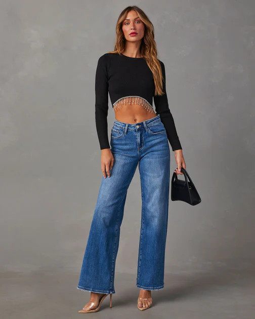 Ozzie Rhinestone Hem Crop Sweater - Black | VICI