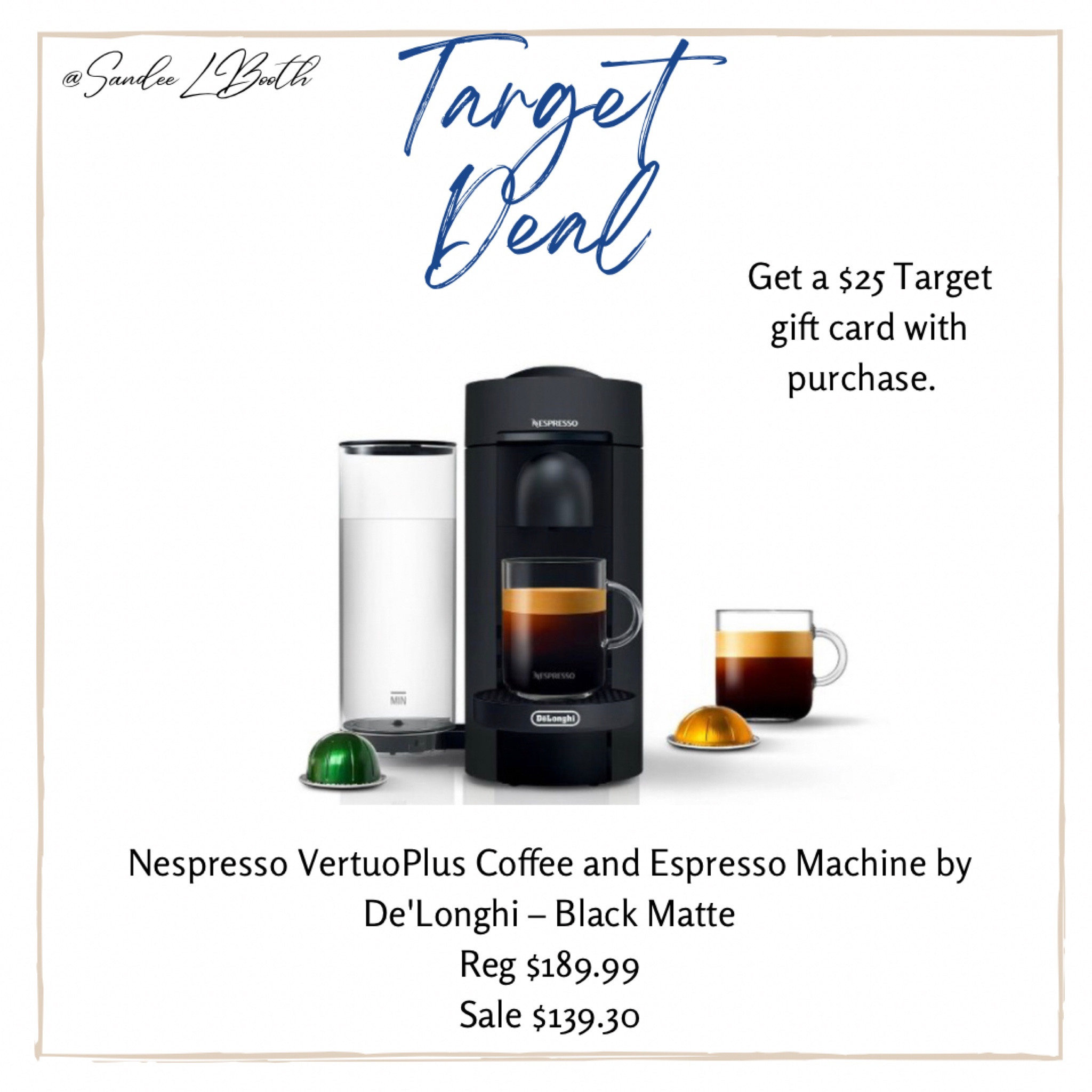 Get a $25 Target gift card with
purchase as well during Target Deal Days. 
Nespresso VertuoPlus Coffee and Espresso Machine by
De'Longhi - Black Matte at Target
Reg $189.99
Sale $139.30

#LTKSeasonal #LTKsalealert #LTKhome