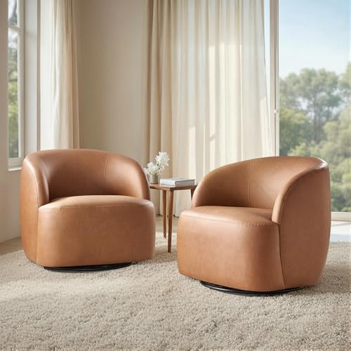 HULALA HOME Faux Leather Swivel Barrel Chairs Set of 2, Modern Swivel Accent Chair with Thick Cushion for Living Room, Bedroom, Camel | Amazon (US)