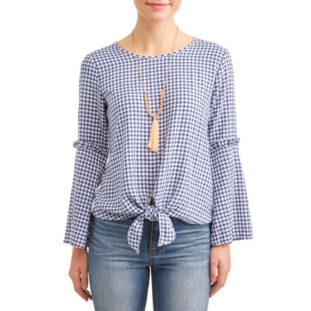 Women's Mini Gingham Tie Front Top with Necklace | Walmart (US)
