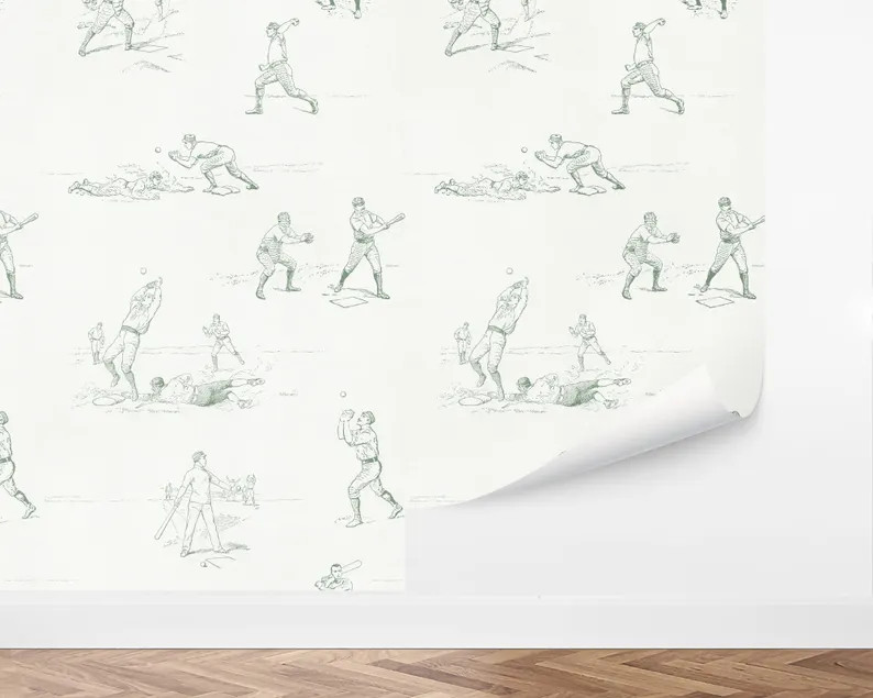 Custom Sports Peel and Stick Wallpaper, Removable Wallpaper - Baseball Toile Wallpaper by Love Vs... | Etsy (US)