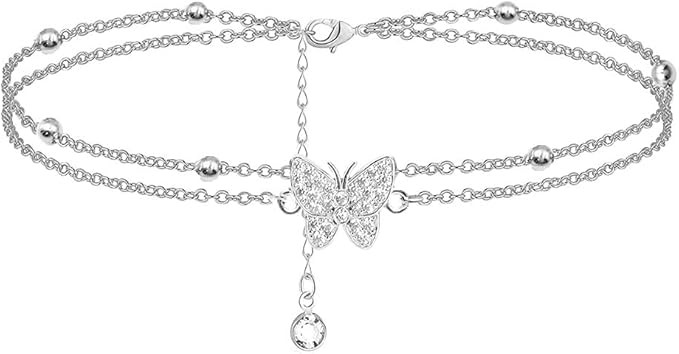 Amazon.com: 14K Butterfly Silver anklets for Women - Adjustable Layered Women's anklets - Jewelry... | Amazon (US)