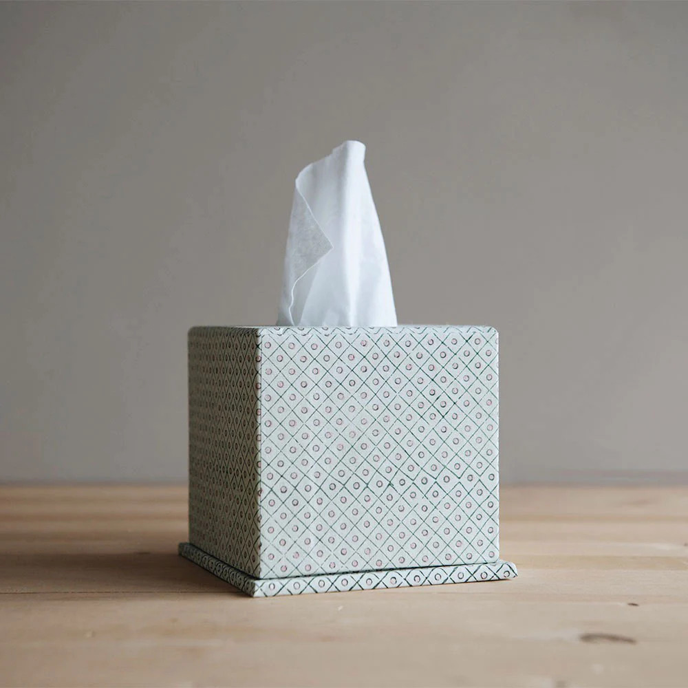 Hand Block-Printed Tissue Box - Green | Roan Iris