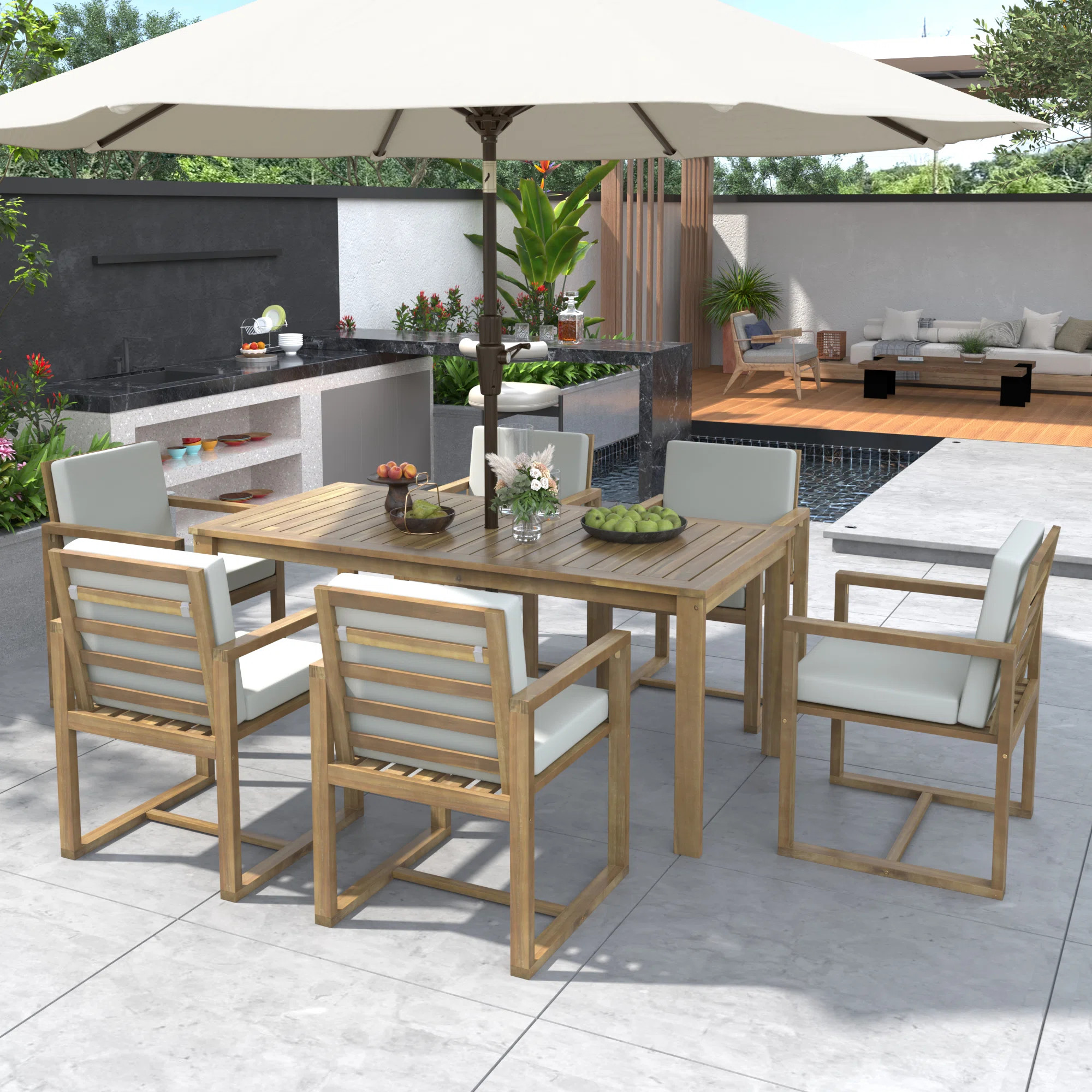 NFusion Adrian Patio 7-Piece Acacia Wood Dining Set with Removable Cushions | Wayfair | Wayfair North America