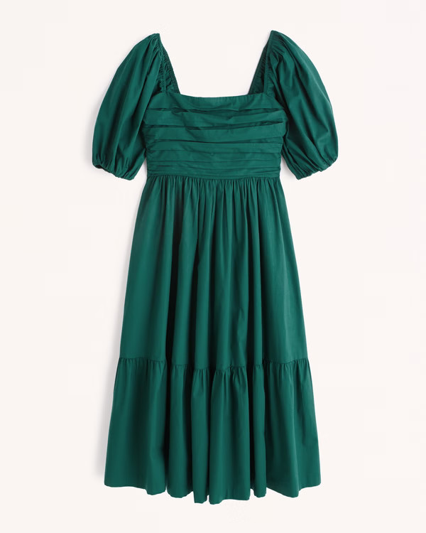 Ruched Puff Sleeve Poplin Midi Dress | Abercrombie & Fitch (US)