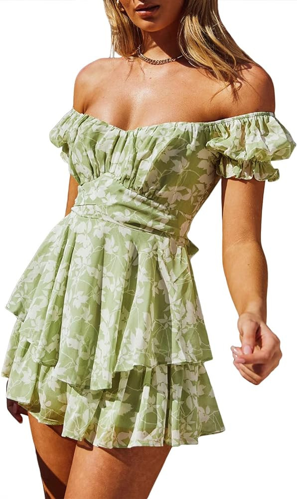 Fixmatti Women Boho Romper Off Shoulder Ruffle Chiffon Shorts Jumpsuit Playsuits | Amazon (US)