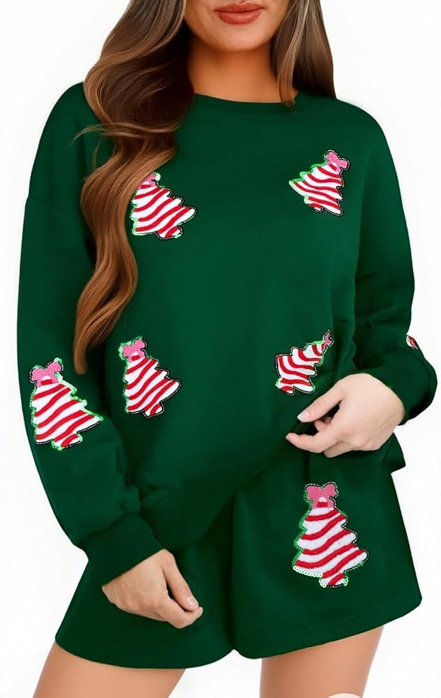 UNIQUEONE Christmas 2 Piece Sequin Outfits Women Merry Sweatshirt and Shorts Set Christmas Pajama... | Amazon (US)